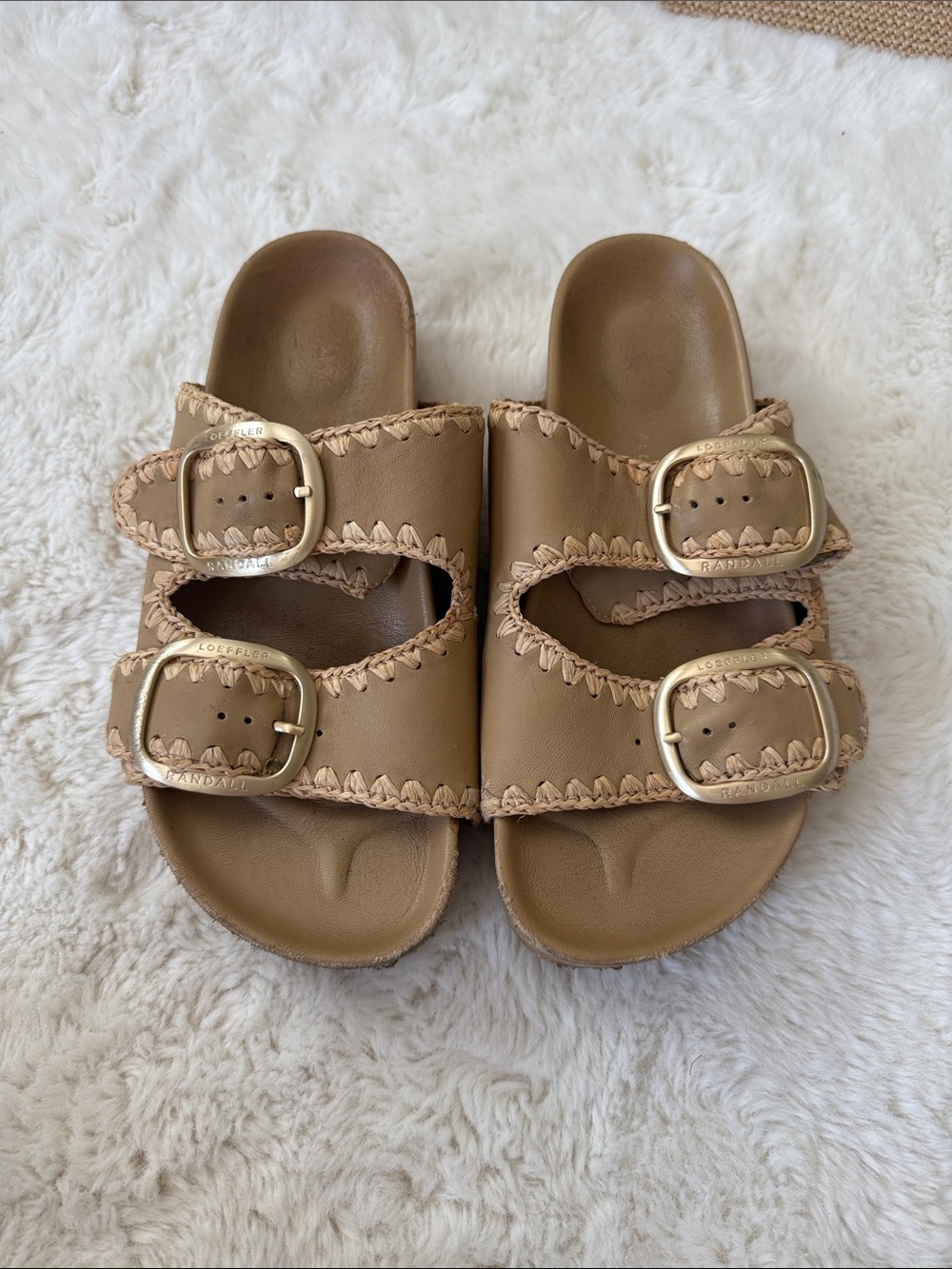 Loeffler Randall Tan Double-Buckle Leather Slide Sandals